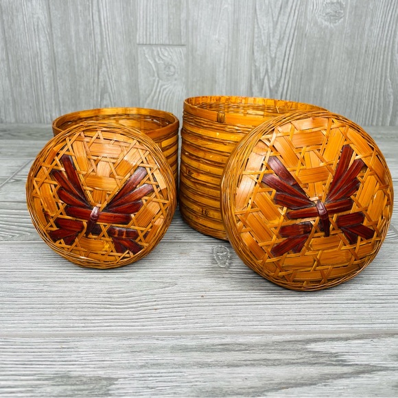 Vintage wicker woven butterfly nesting trinket baskets boho decoration set of 2 - Picture 7 of 8